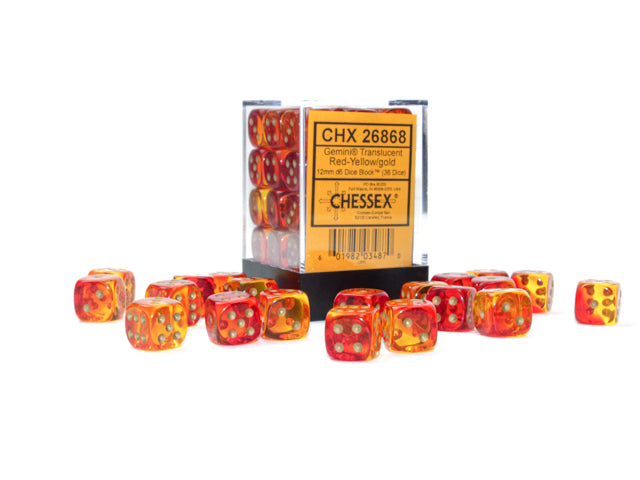 Gemini: 36D6 Translucent Red-Yellow / Gold Dice Block