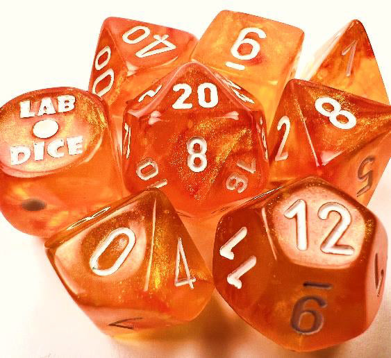 Lab Dice 6: Borealis: 7Pc Polyhedral Blood Orange / white Luminary (w / bonus die)