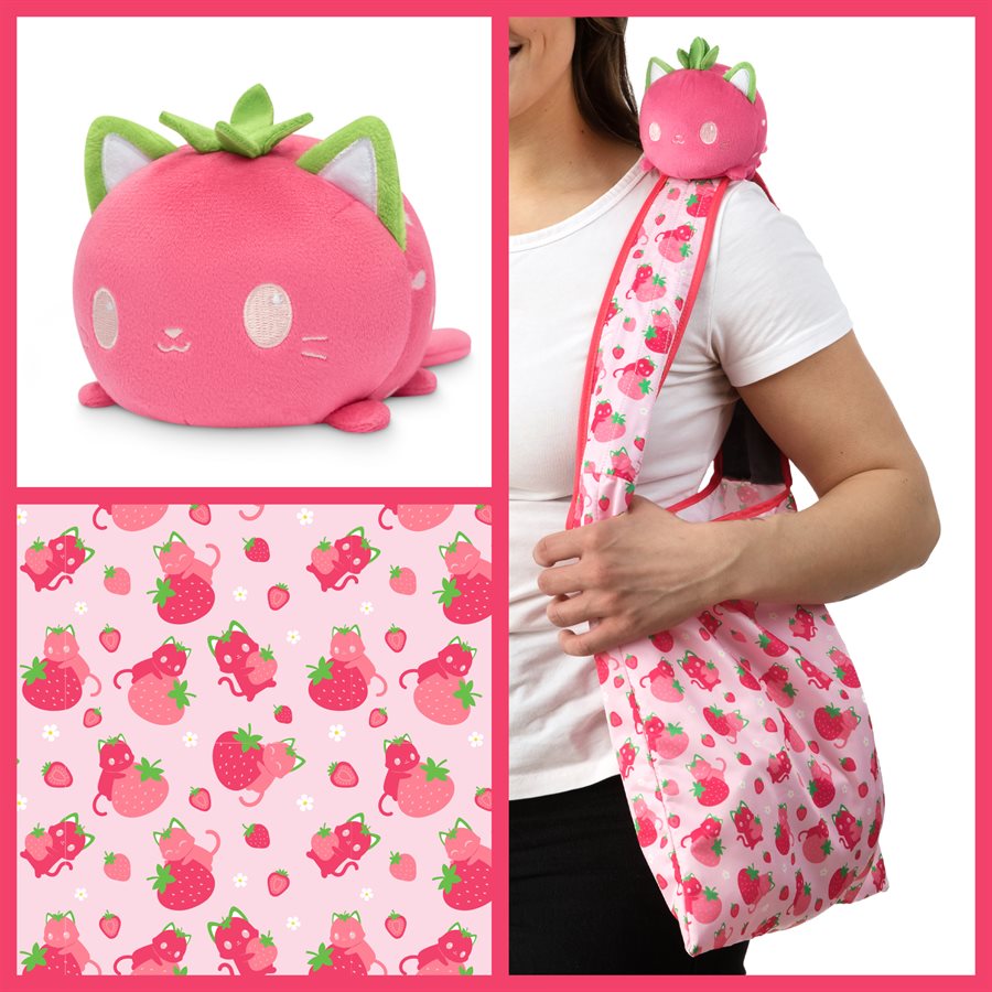 Plushie Tote Bag: Pink Strawberry Cats + Pink Strawberry Cat