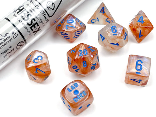 Lab Dice 5: Borealis: 7Pc Polyhedral Rose Gold / Light blue Luminary