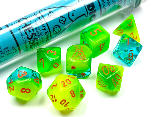 实验室骰子 5：双子座：7 件多面体等离子绿青色/橙色发光体