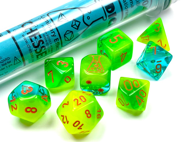 Lab Dice 5: Gemini: 7Pc Polyhedral Plasma Green-Teal / Orange Luminary